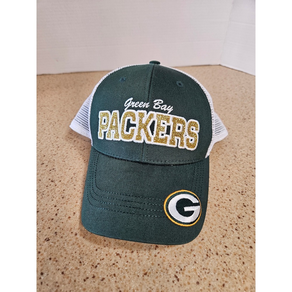 NFL Team Apparel Green Bay Packers Womens Trucker Hat Green White Glitter Logo